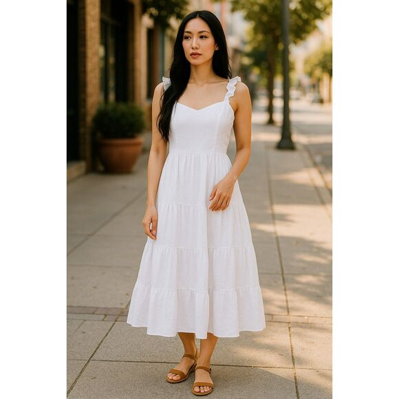 Reformation Dress Womens Midi 100% Linen With Ruffle Straps Smocked Back Sz 12 - Picture 1 of 15